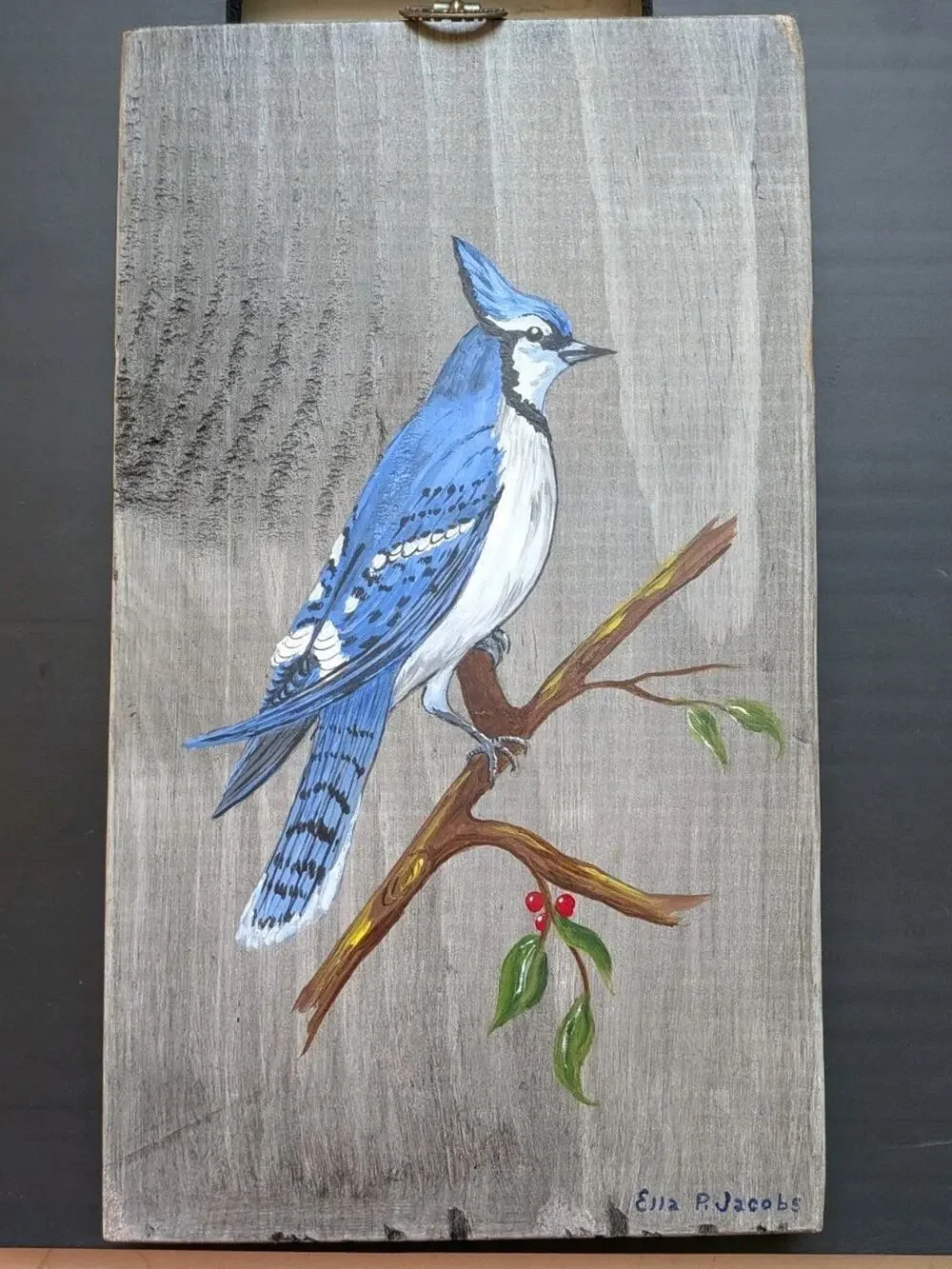 Vintage Blue Jay Painting on Barn Wood Plaque Ella P Jacobs 10